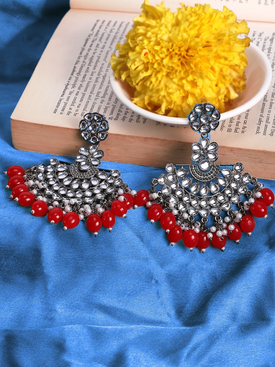 

Yellow Chimes Red Beaded & White Kundan Studded Contemporary Chandbalis Earrings