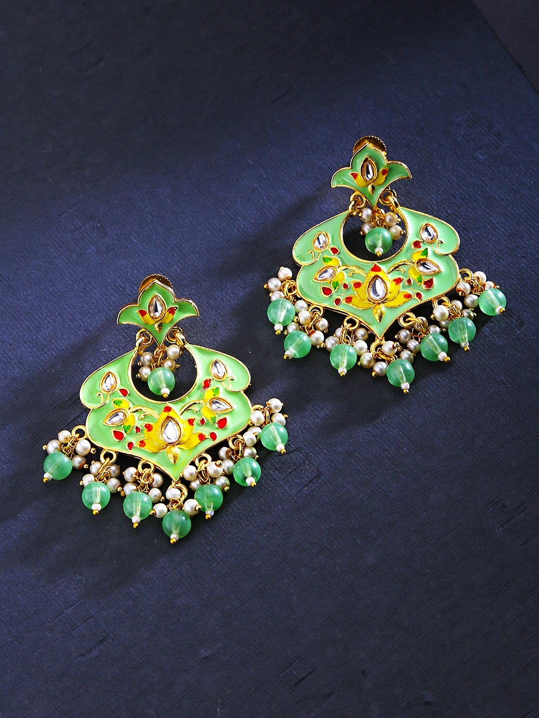 

Yellow Chimes Women Green Floral Meenakari Chandbalis Earrings