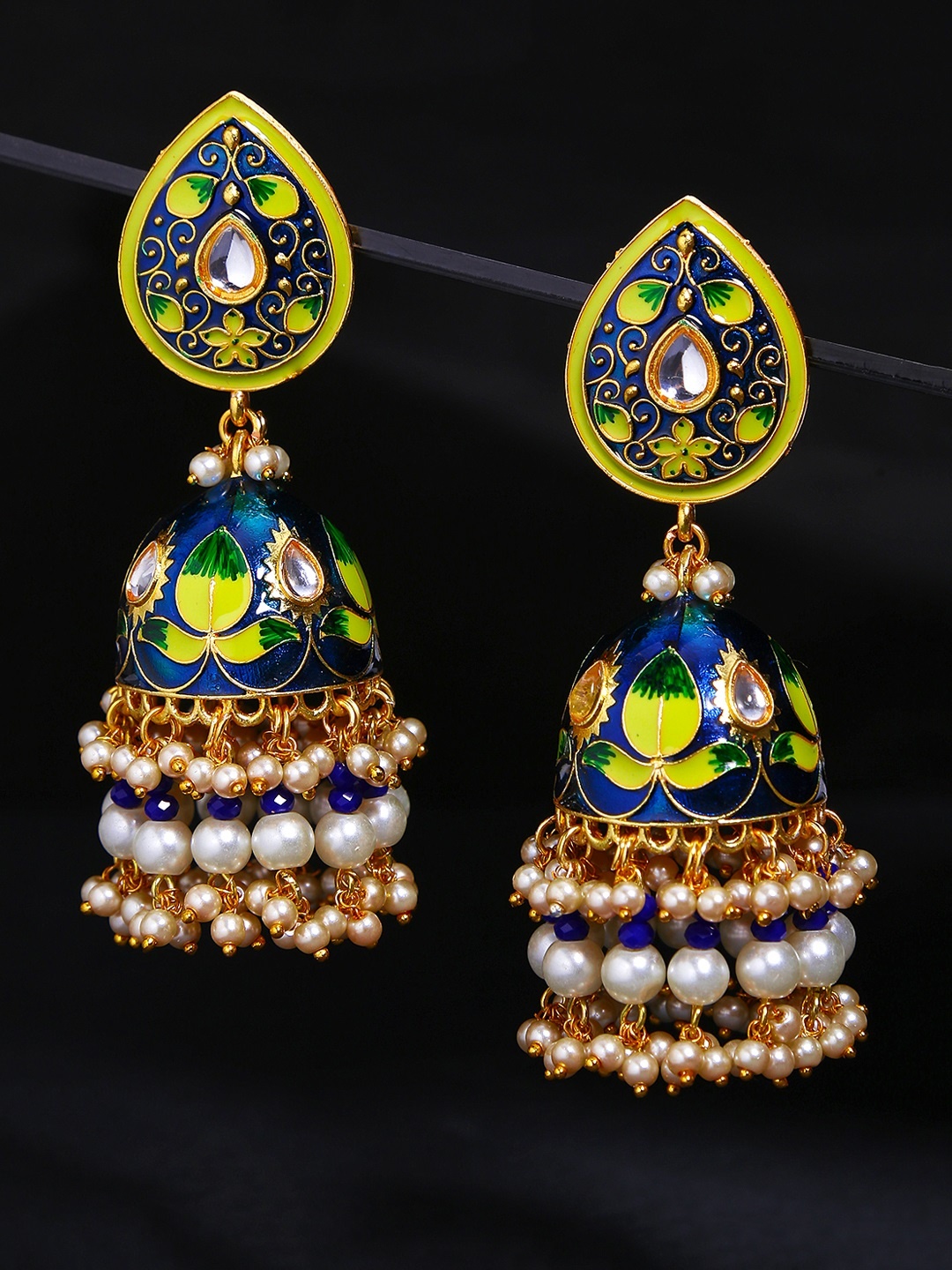 

Yellow Chimes Blue Gold -toned Meenakari Handcrafted Dome Shaped Jhumka Earrings