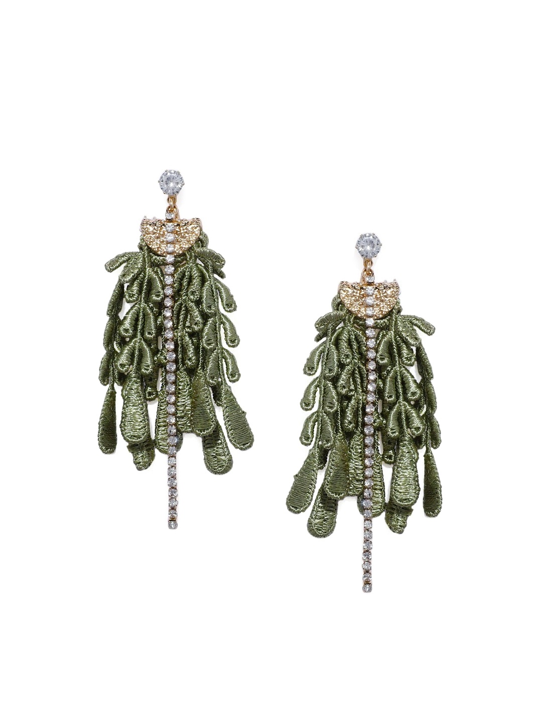 

Blisscovered Green Tasselled & Stone Studded Contemporary Drop Earrings