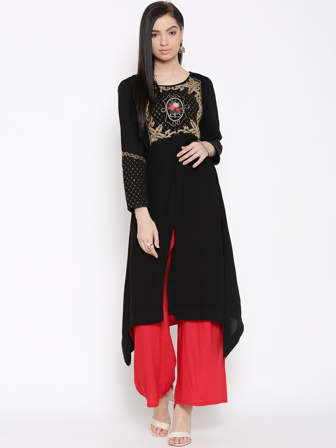 

WISHFUL by W Women Black Sequinned Detail A-Line Kurta