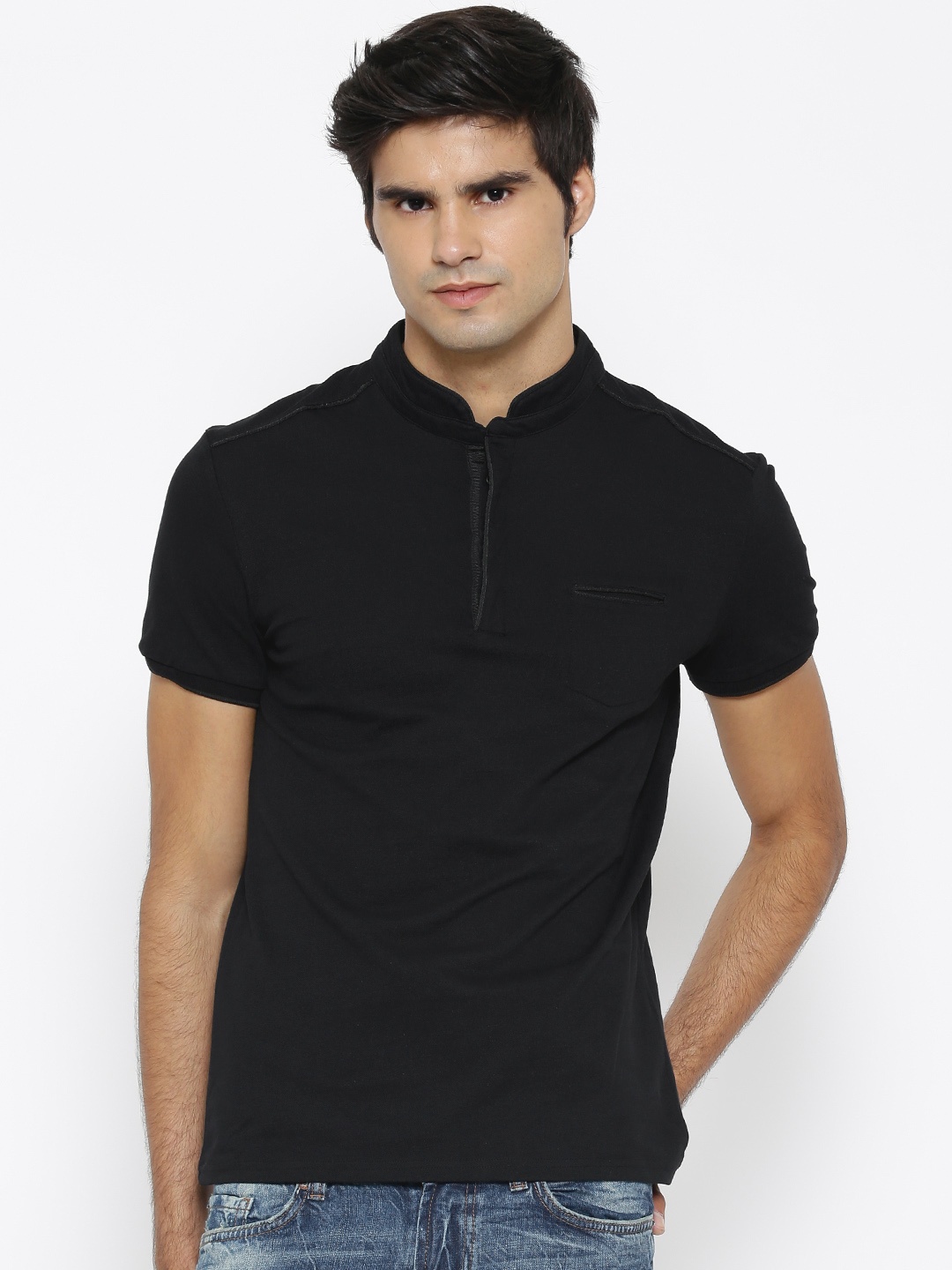 

Celio Men Black Solid Stand Collar T-shirt