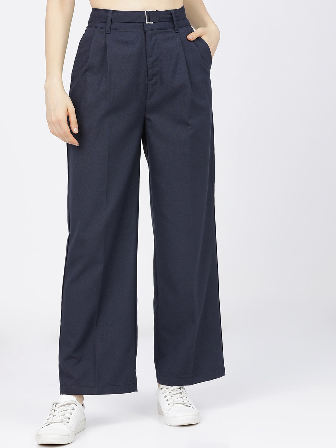 

Tokyo Talkies Women Navy Blue Flared Pleated Trousers