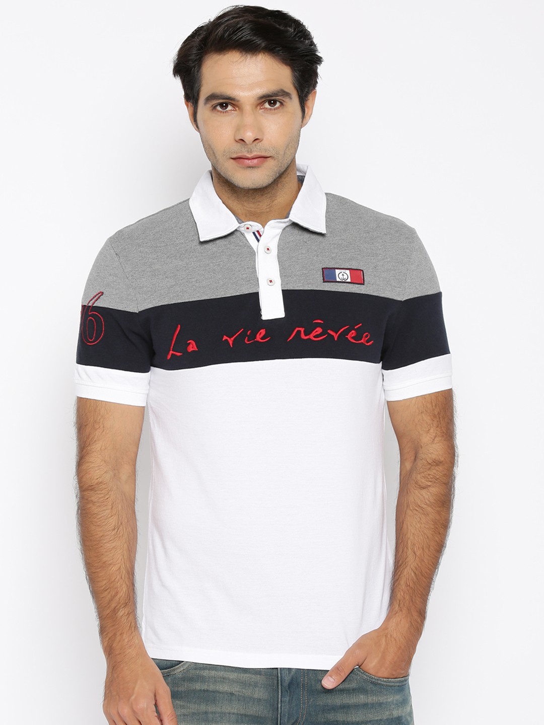 

Celio Men White Grey Melange Colourblocked Polo Collar Pure Cotton T-shirt