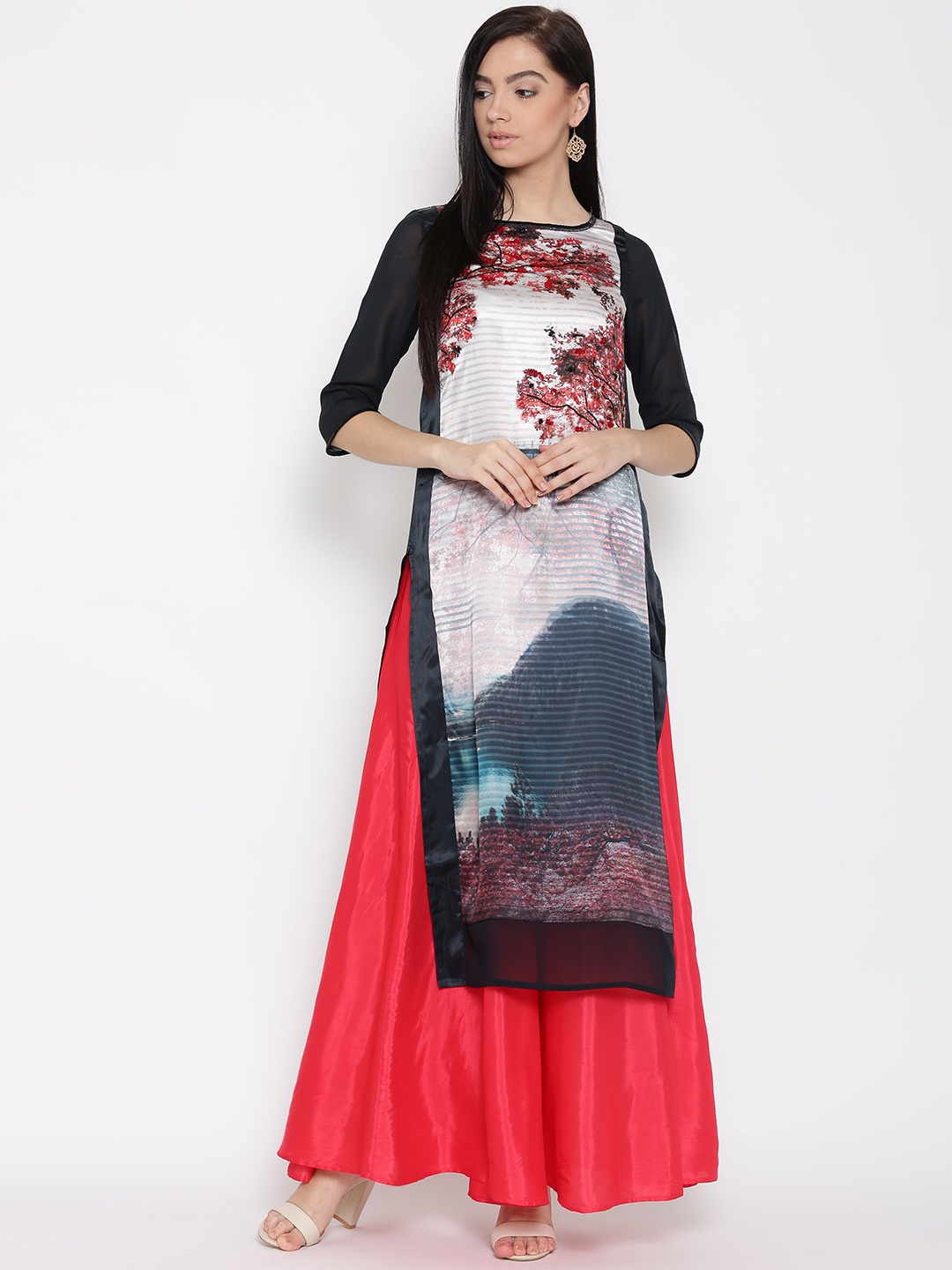 

WISHFUL by W Women Off-white & Navy Printed Straight Kurta