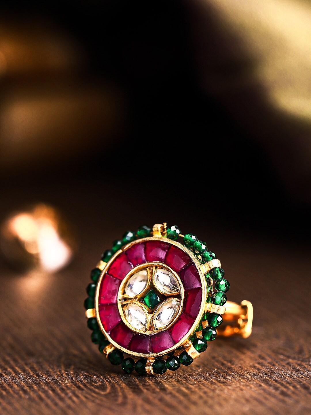 

Priyaasi Magenta & Pink Brass Gold-Plated Beaded Handcrafted Adjustable Finger Ring