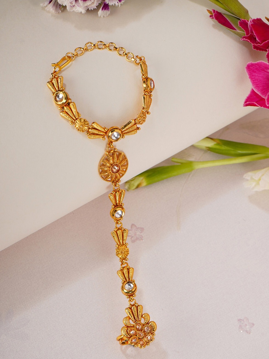 

Priyaasi Women Gold-Toned & Gold-Plated Kundan Handcrafted Ring Bracelet