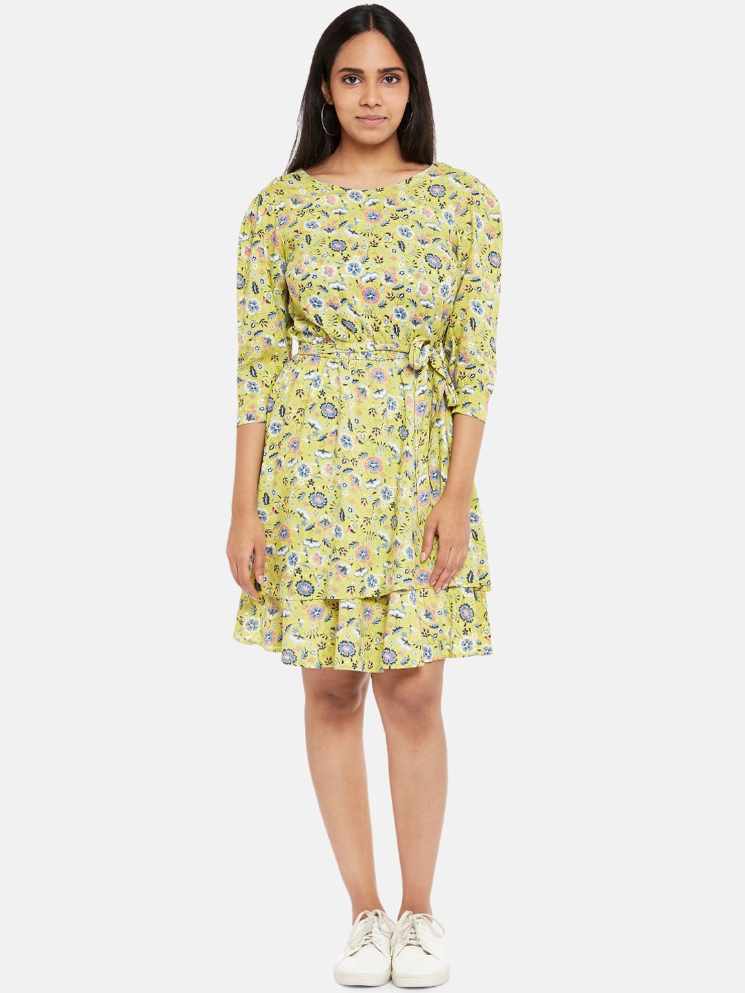 

People Women Lime Green & Blue Floral Printed Layered Dress