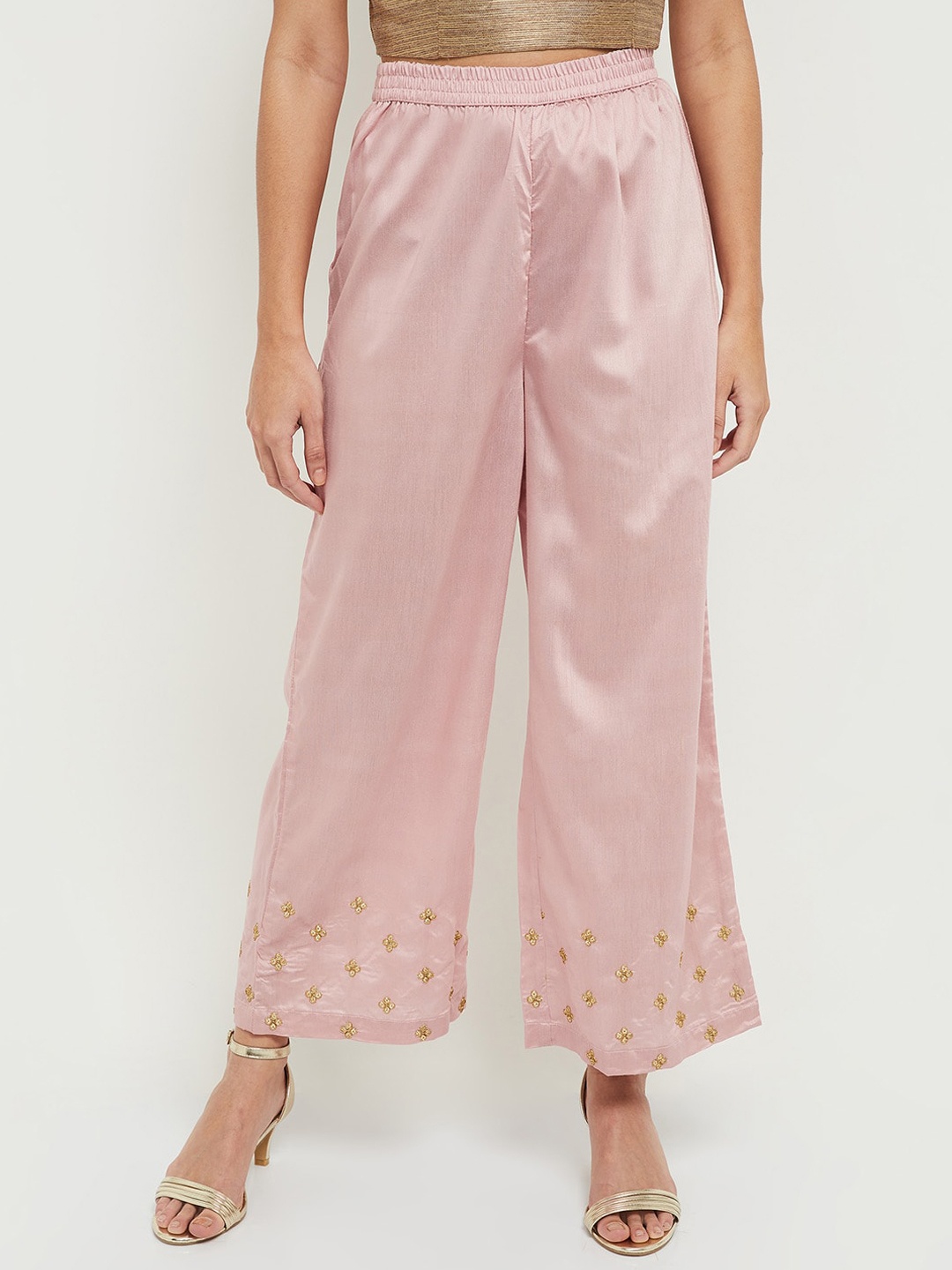 

max Women Pink Ethnic Motifs Embroidered Straight Fit Parallel Trousers