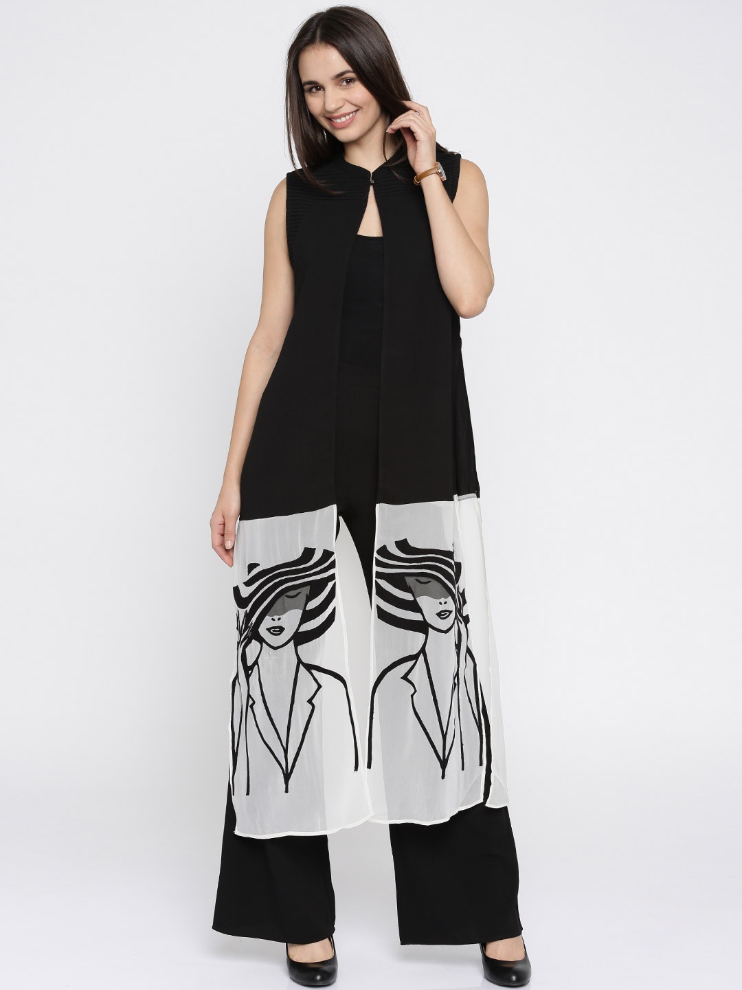 

W Black & White Semi-Sheer Printed Longline Ethnic Jacket