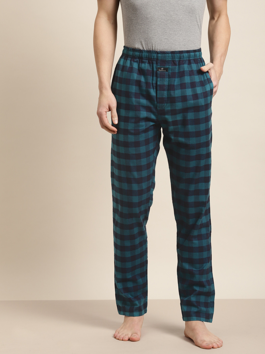 

Hancock Men Navy Blue Checked Cotton Comfort Fit Lounge Pants