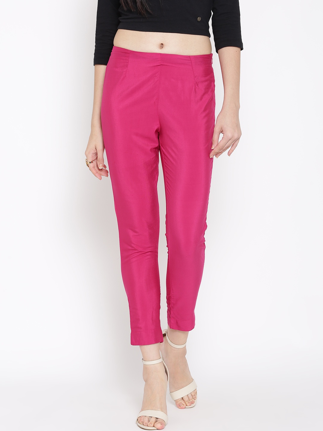 

WISHFUL by W Women Pink Solid Flat-Front Trousers