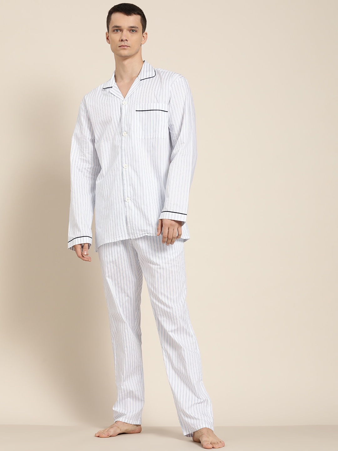 

Hancock Men White & Blue Striped Pocket Cotton Pyjamas Set