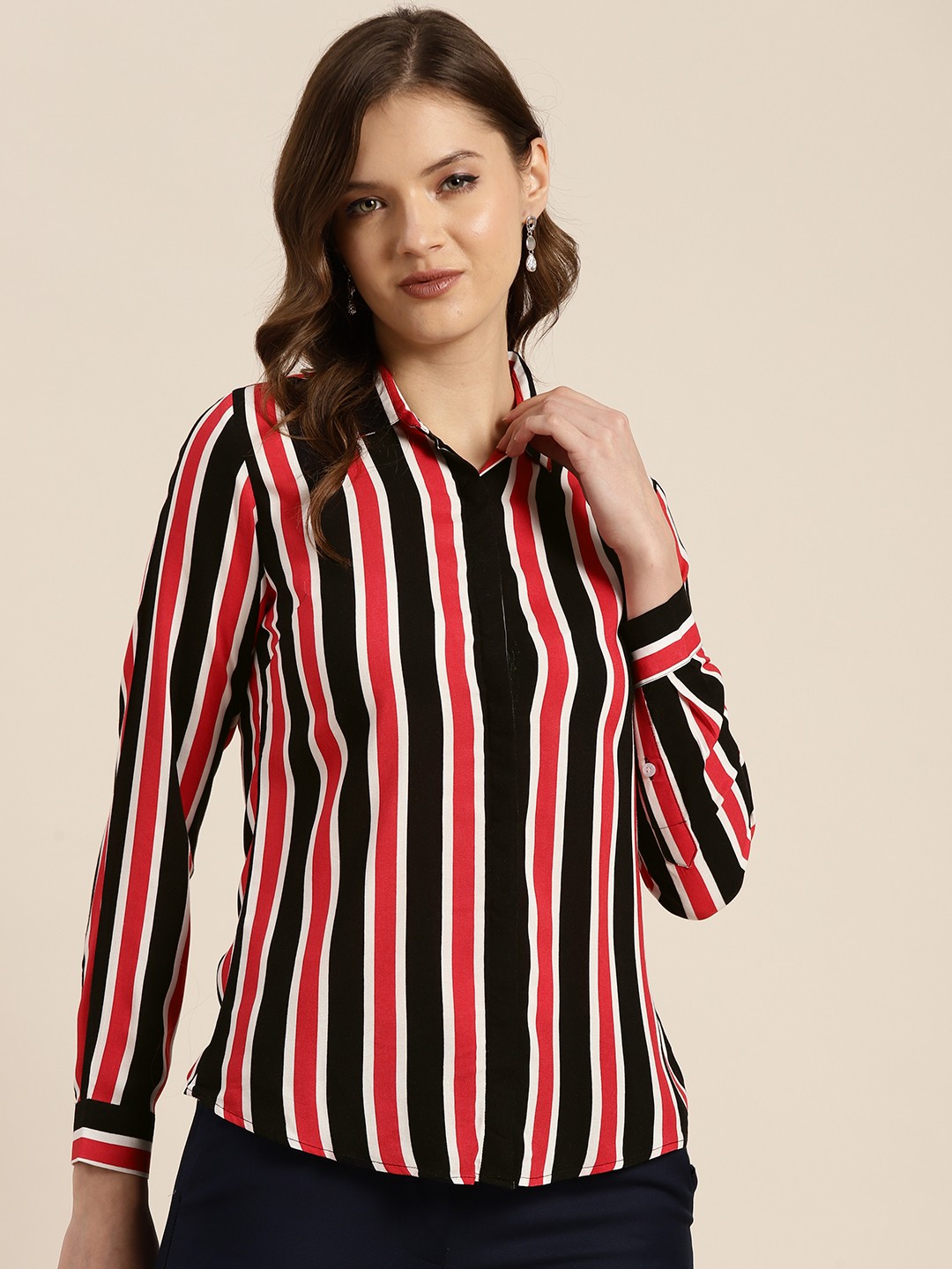 

Hancock Women Black & Red Striped Slim Fit Formal Shirt