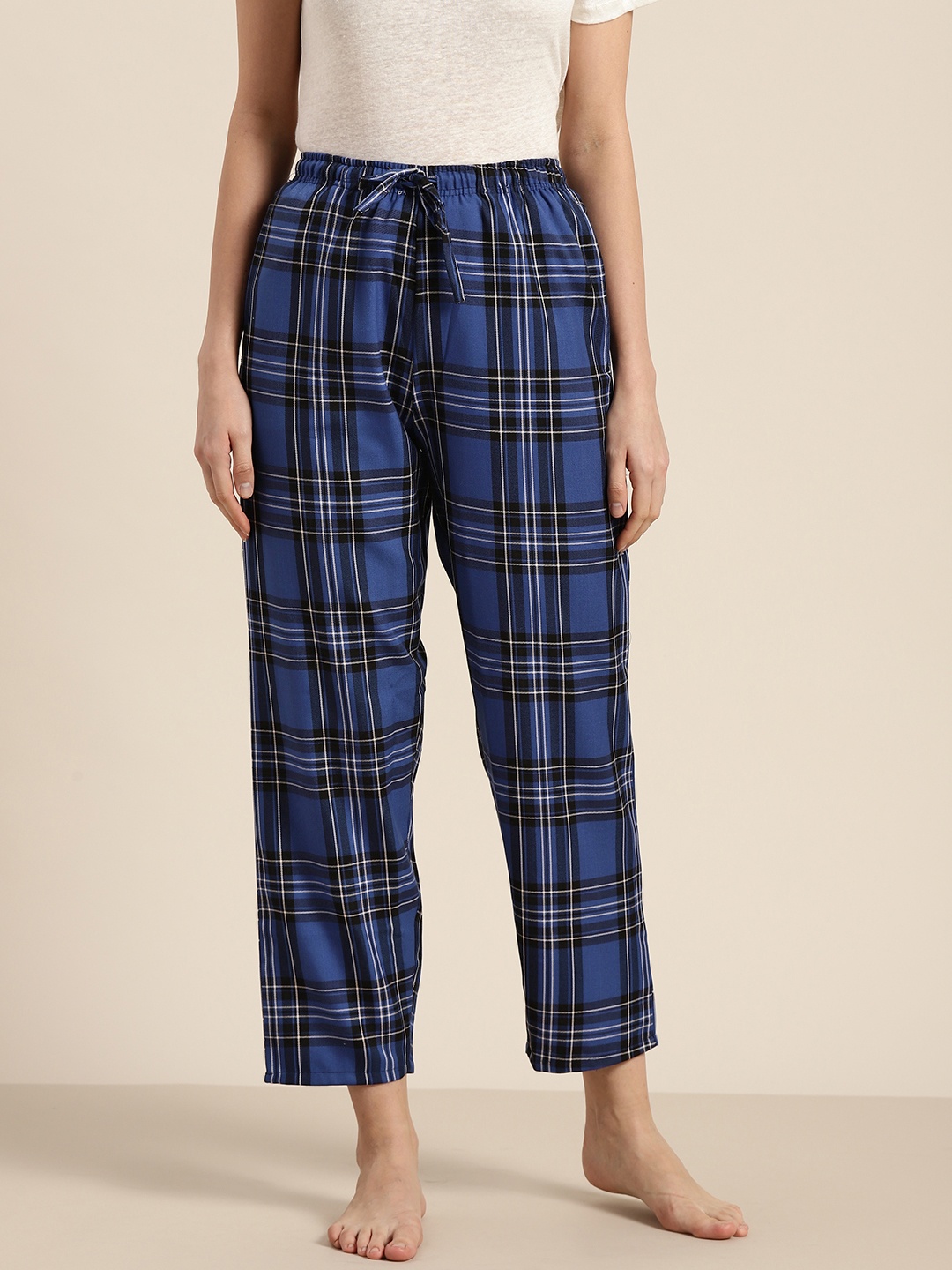 

Hancock Women Blue & Black Cotton Checked Cropped Lounge Pants