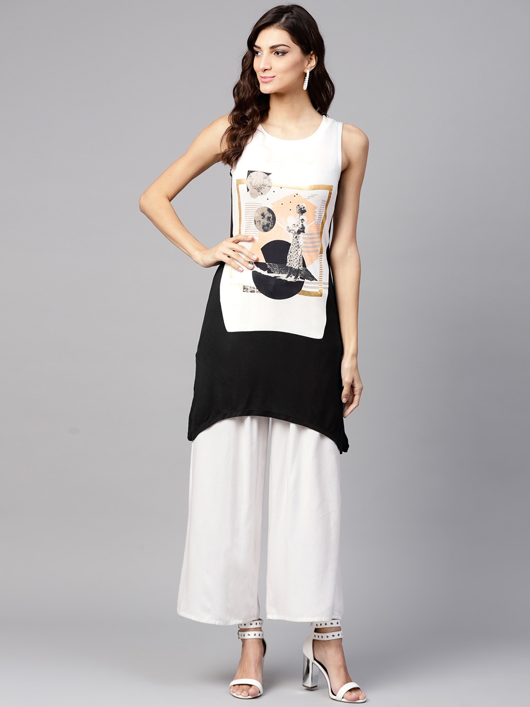 

W Women Off-White & Black Printed Top