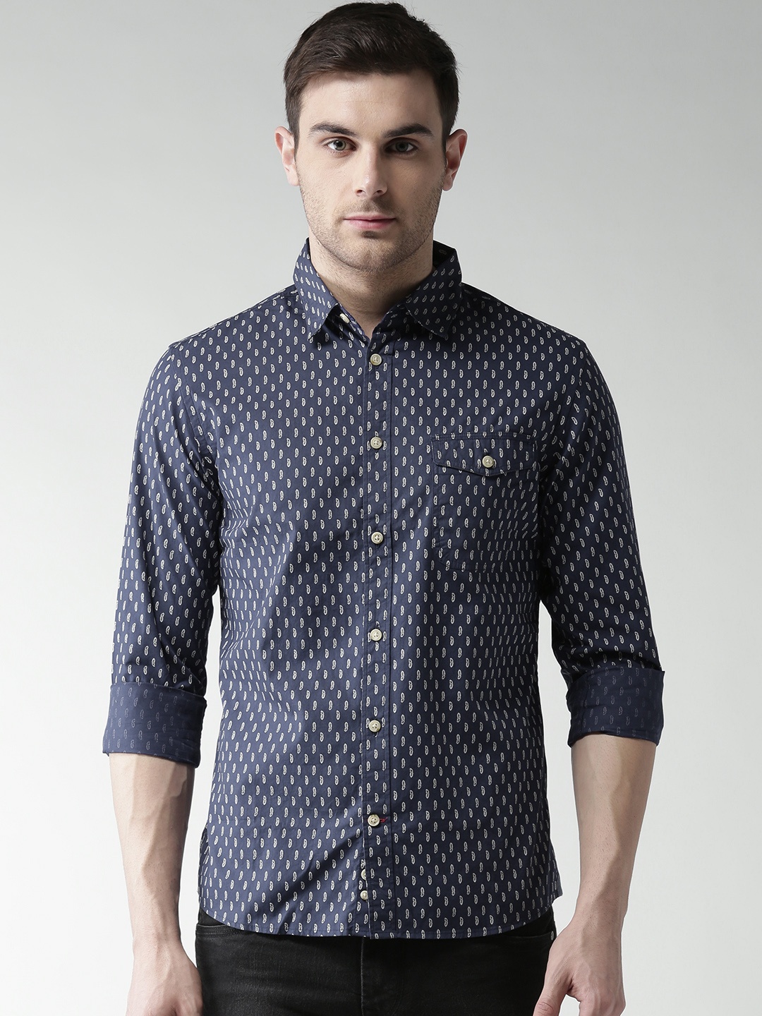

Celio Men Navy Blue Printed Casual Shirt