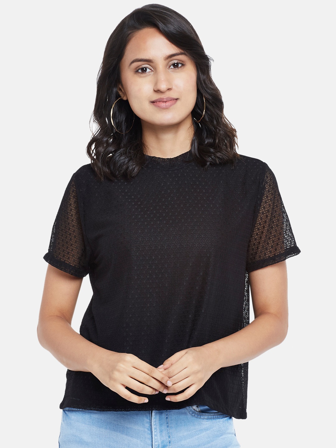 

People Women Black Self-Design Regular Top