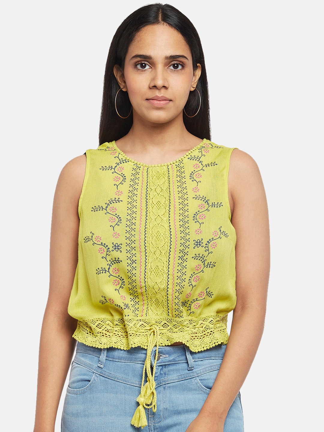 

People Women Lime Green & Blue Floral Cinched Waist Crop Top