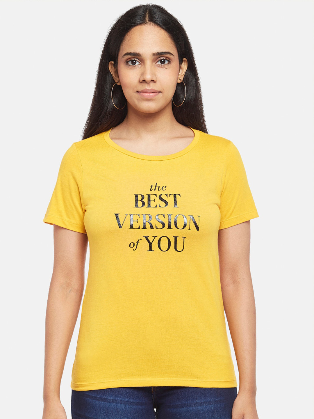 

Honey by Pantaloons Women Mustard Yellow Typography Printed T-shirt