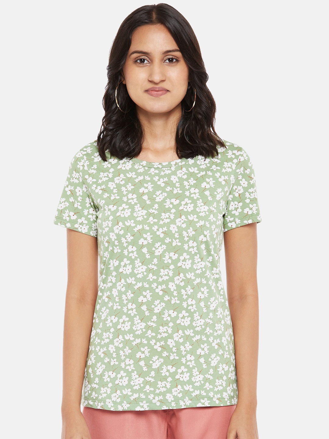 

Honey by Pantaloons Women Green Floral Mandarin Collar Tropical T-shirt