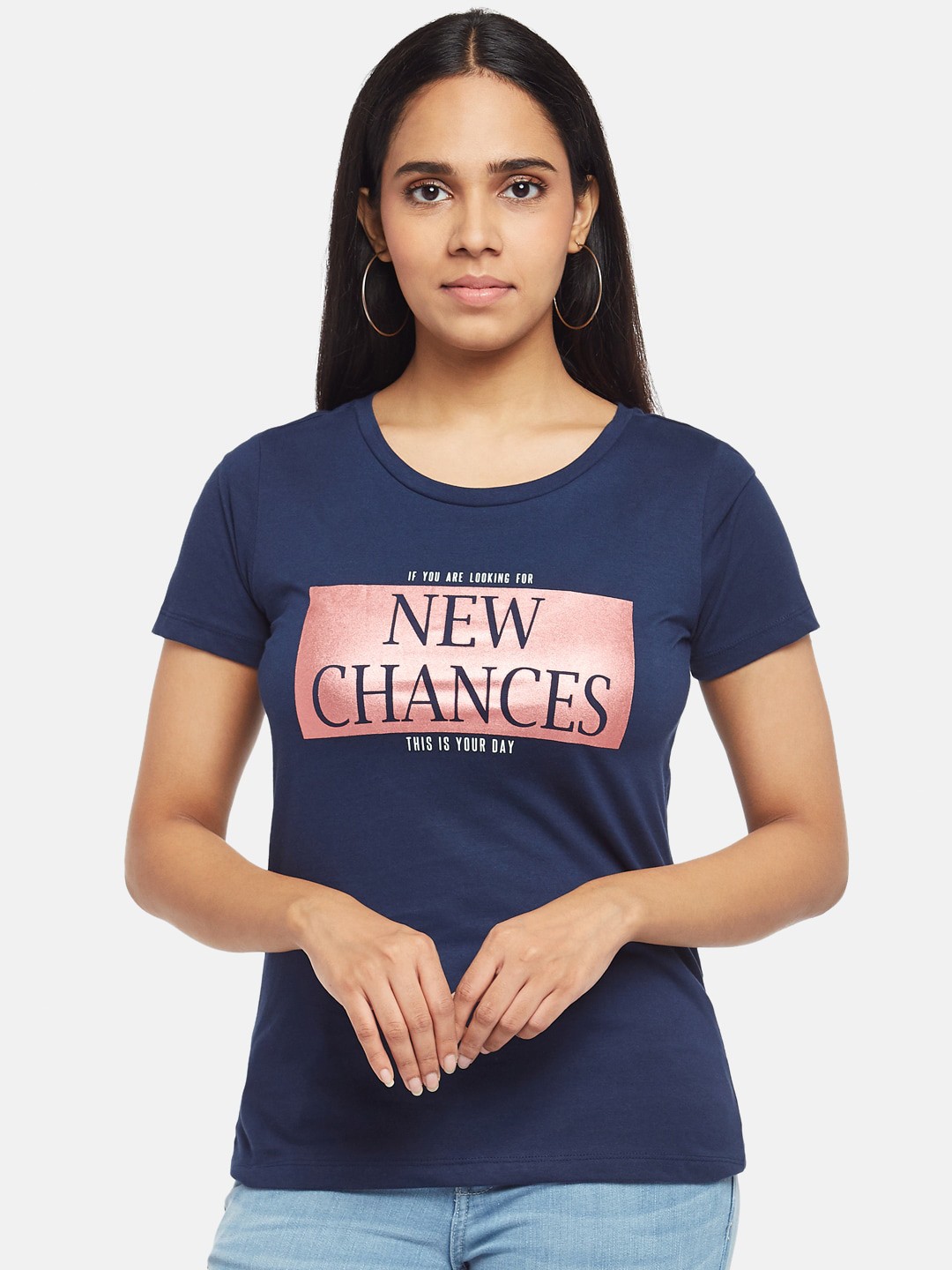 

Honey by Pantaloons Women Navy Blue Typography Printed T-shirt