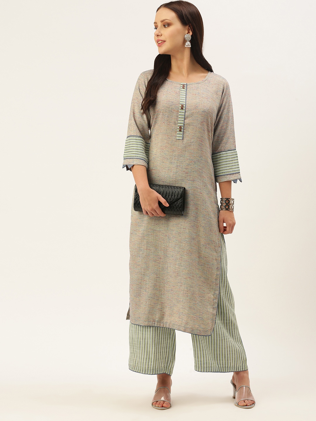 

VAABA Women Beige & Green Self Design Kurta with Striped Palazzos