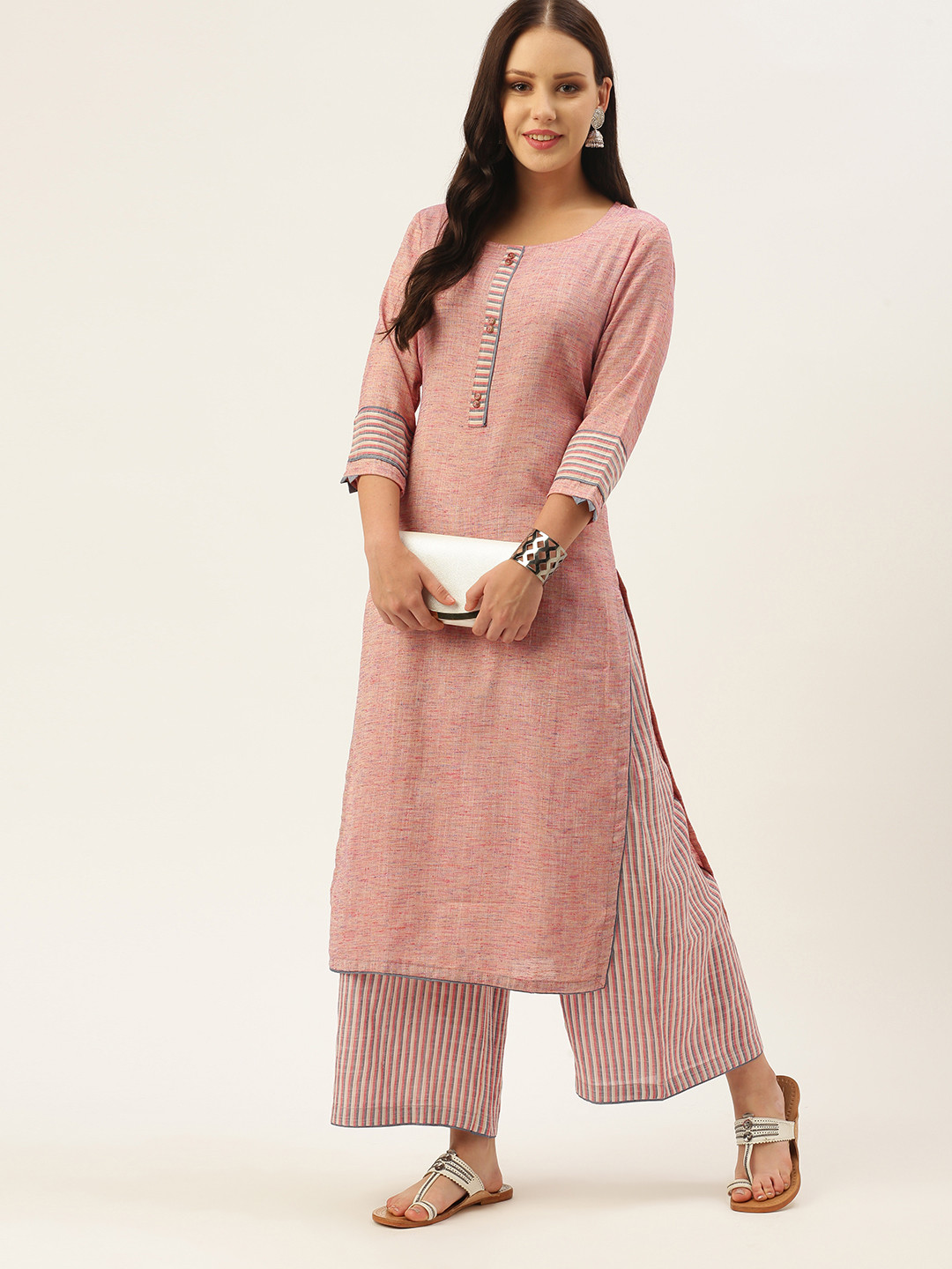 

VAABA Women Peach-Coloured & Blue Self Design Straight Kurta with Striped Palazzos