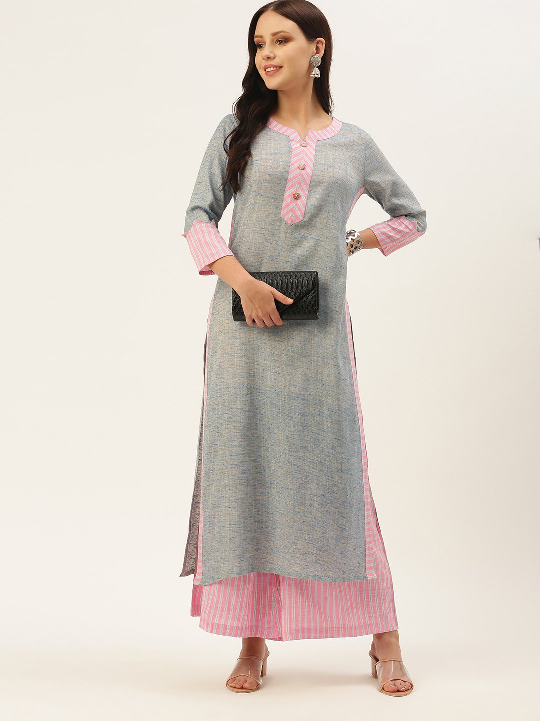 

VAABA Women Blue & Pink Self Design Kurta with Striped Palazzos