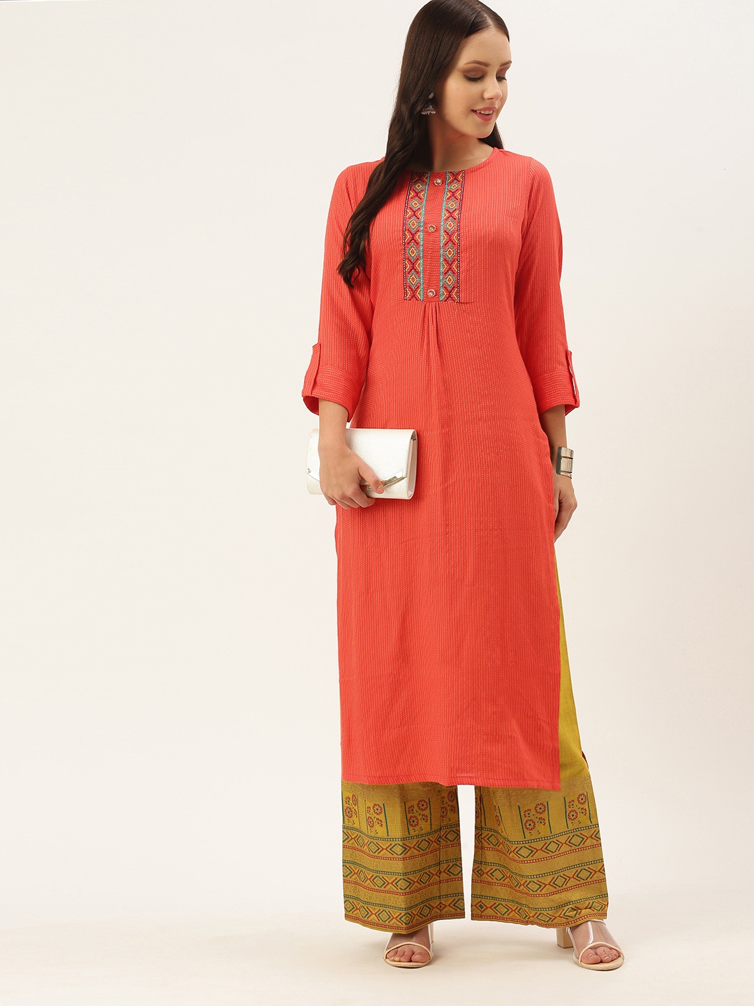 

VAABA Women Coral Orange and Mustard Yellow Printed Thread Work Straight Kurta & Palazzos