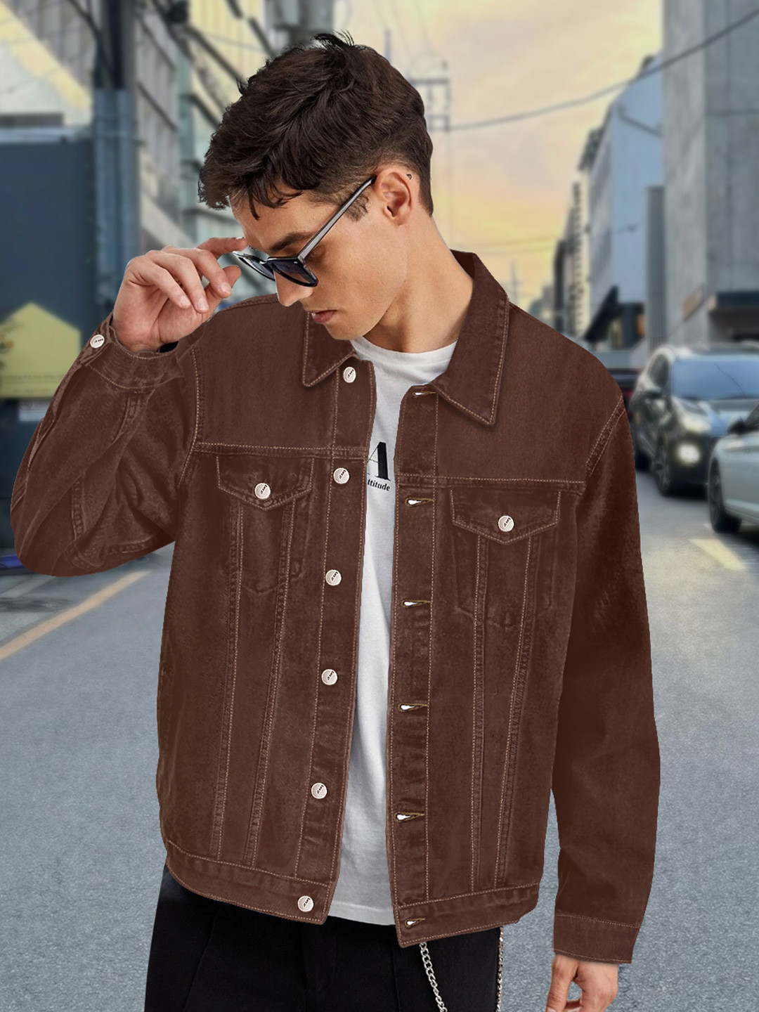 

Urbano Fashion Men Regular Fit Washed Full Sleeve Denim Jacket, Brown