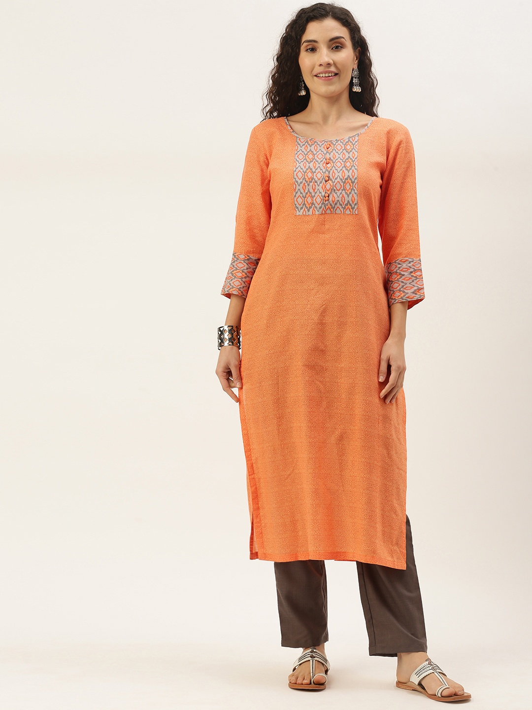 

SheWill Women Orange & Grey Ethnic Motifs Printed Kurta