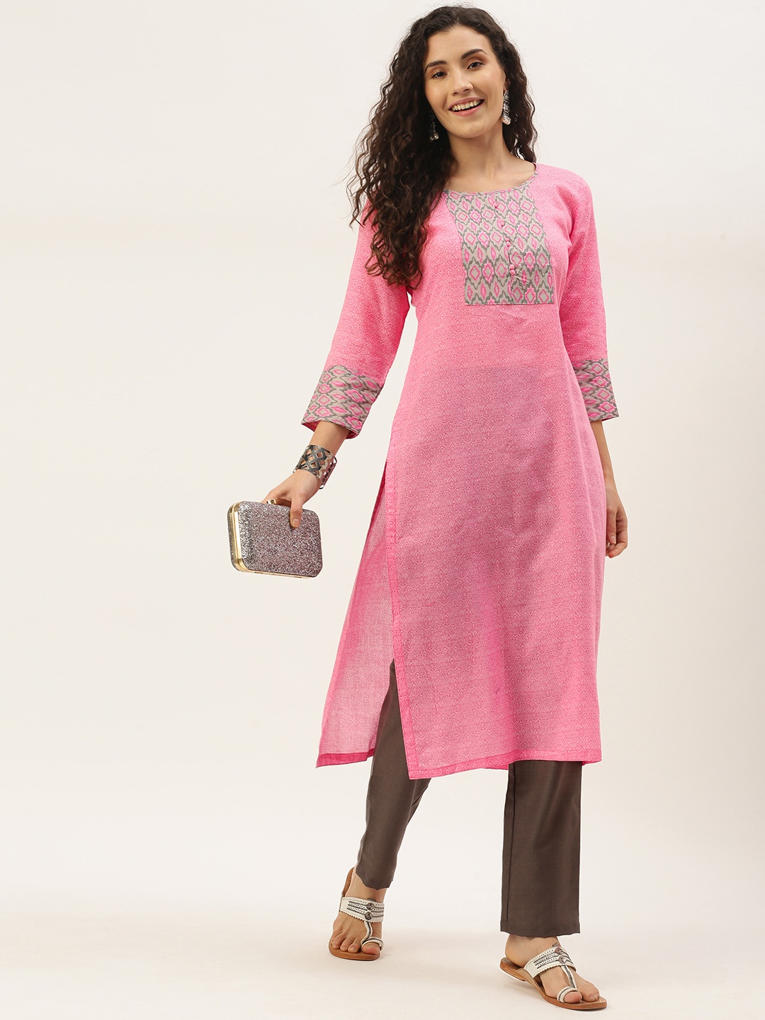 

SheWill Women Pink & Grey Ethnic Motifs Printed Kurta