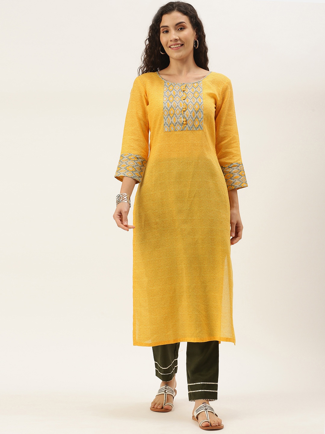 

SheWill Women Yellow & Grey Ethnic Motifs Printed Kurta