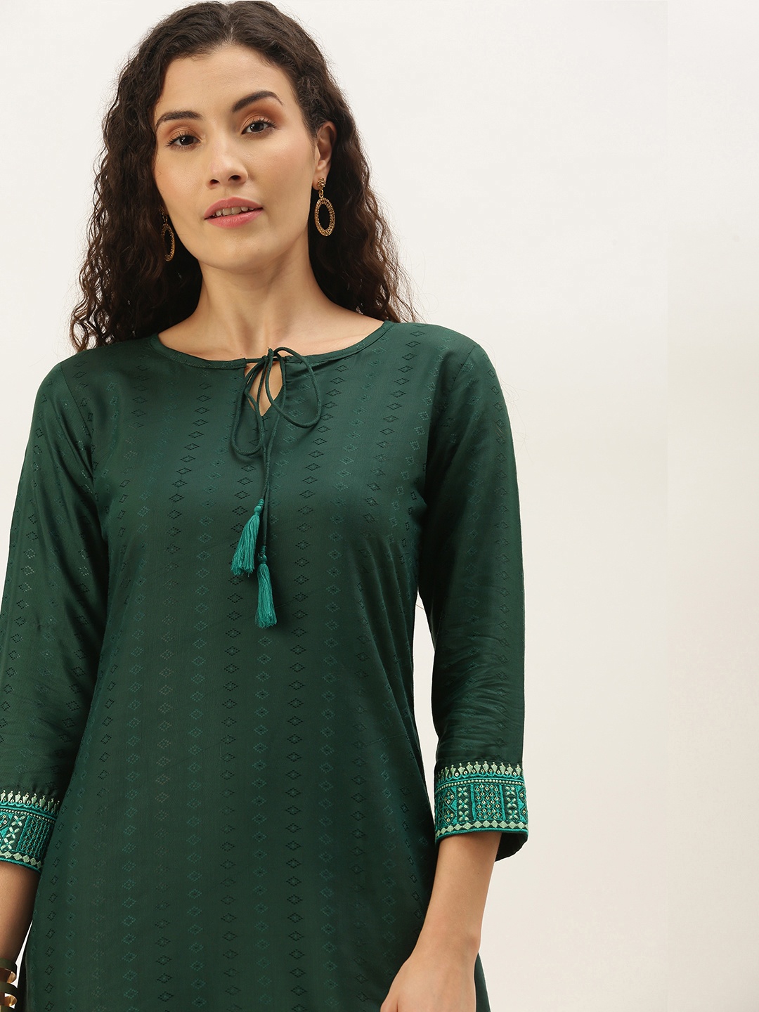 

SheWill Green Tie-Up Neck Chiffon Blouson Longline Top
