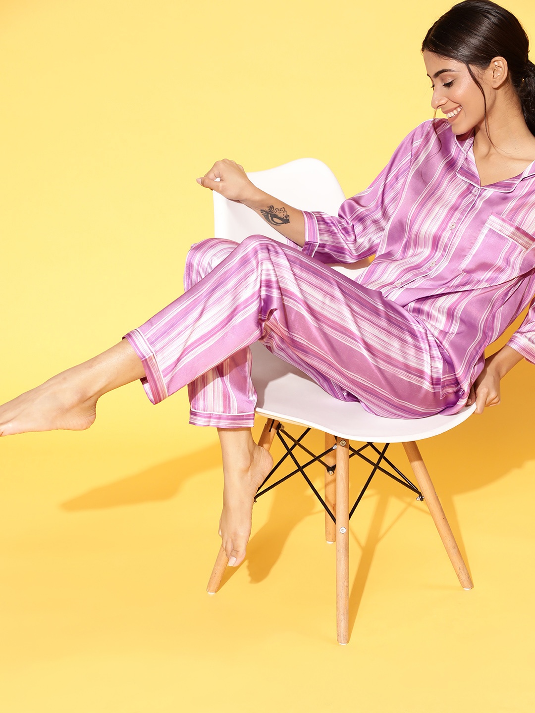 

Bannos Swagger Stylish Purple and Beige Striped Shirt with Striped Pyjamas
