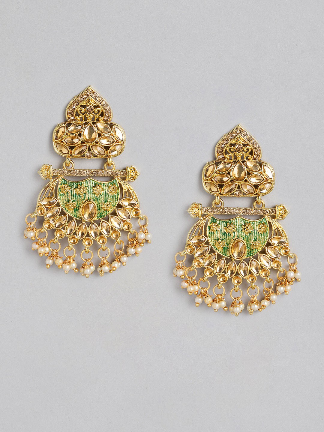 

Kord Store Gold-Toned & Green Crescent Shaped Chandbalis Earrings
