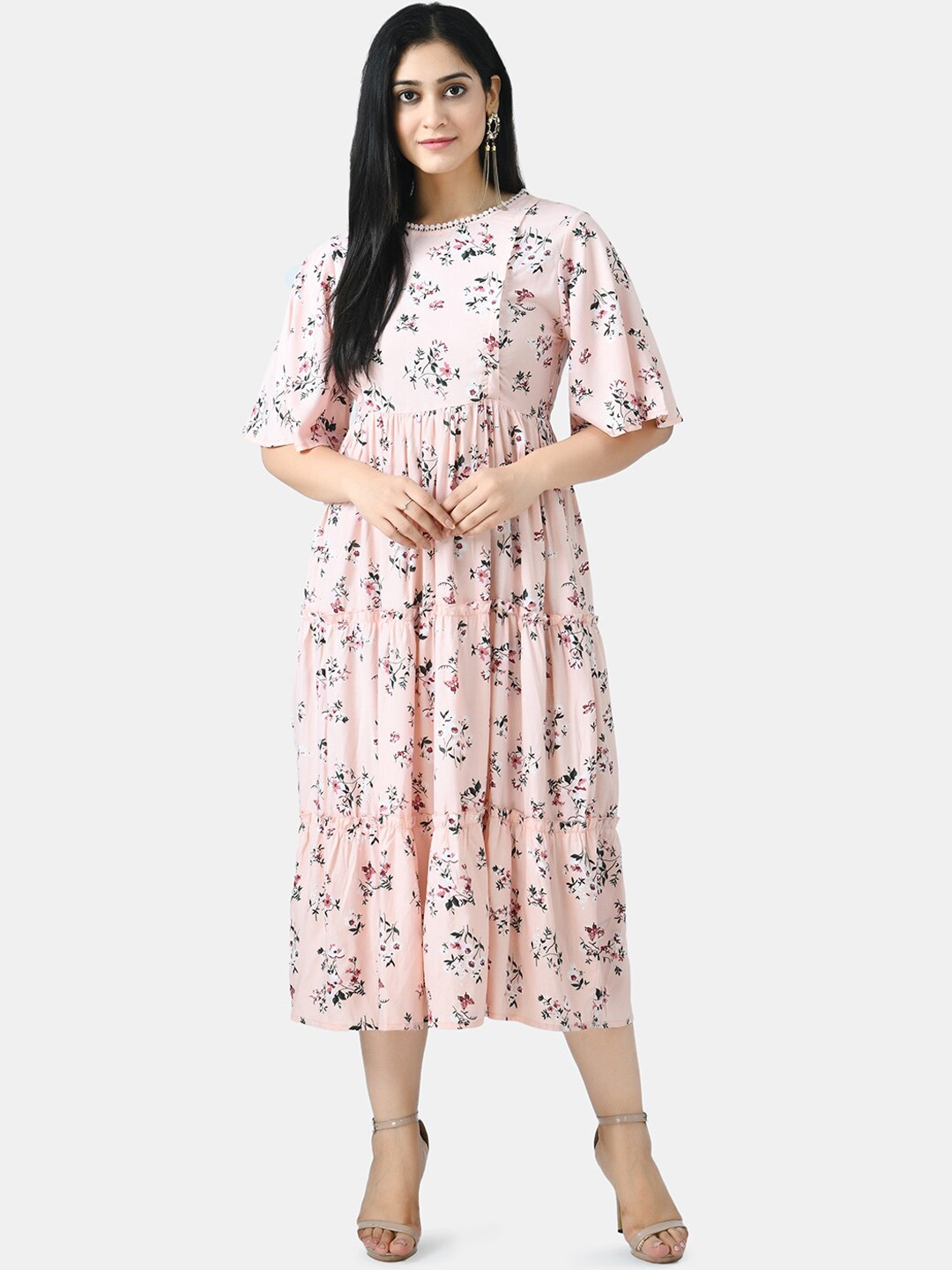 

Aaruvi Ruchi Verma Peach-Coloured Floral Printed Maternity Midi Dress