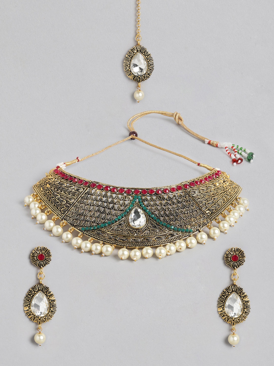 

Kord Store Green & Red Gold-Plated Stone Studded & Beaded Jewellery Set