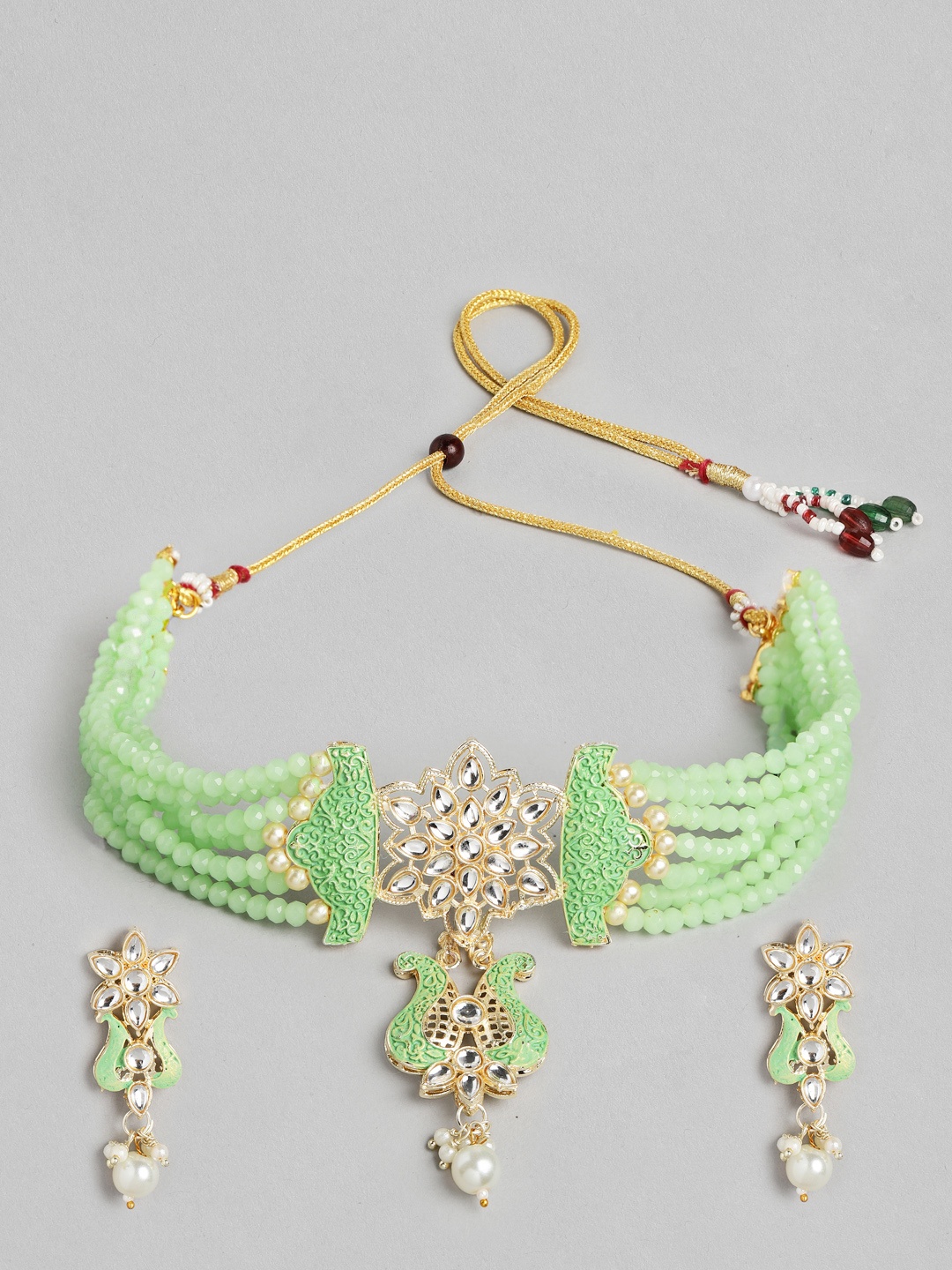 

Kord Store Women Green & Gold-Plated Moti Rani Haar Collar Necklace Set