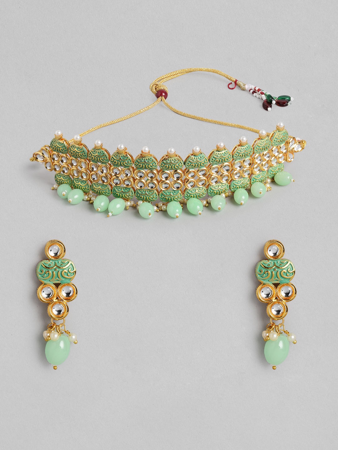 

Kord Store Mint Green Gold-Plated Stone-Studded Beaded Enamelled Jewellery Set