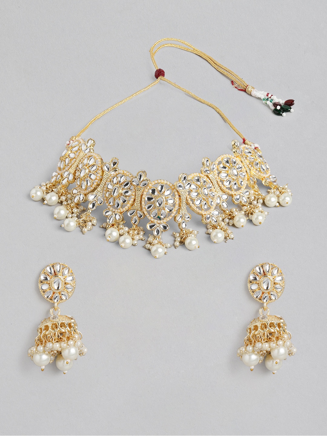 

Kord Store Gold-Plated & White Round Shaped Pearl Collar Necklace Set with Earrings