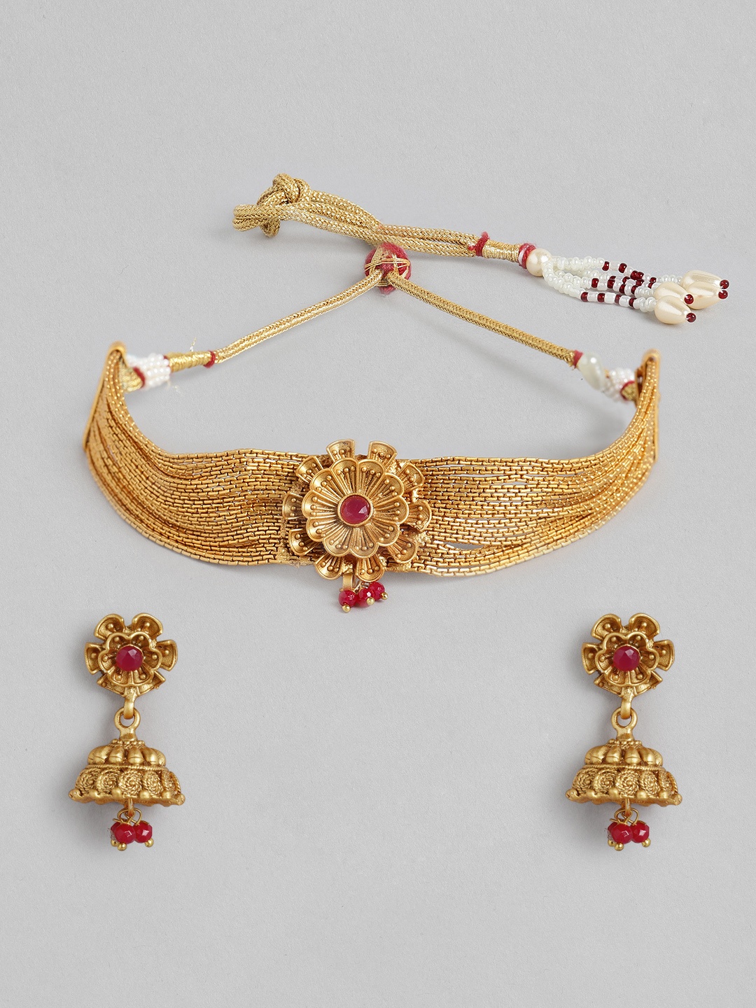 Kord Store Pink Gold-Plated Stone Studded & Beaded Jewellery Set