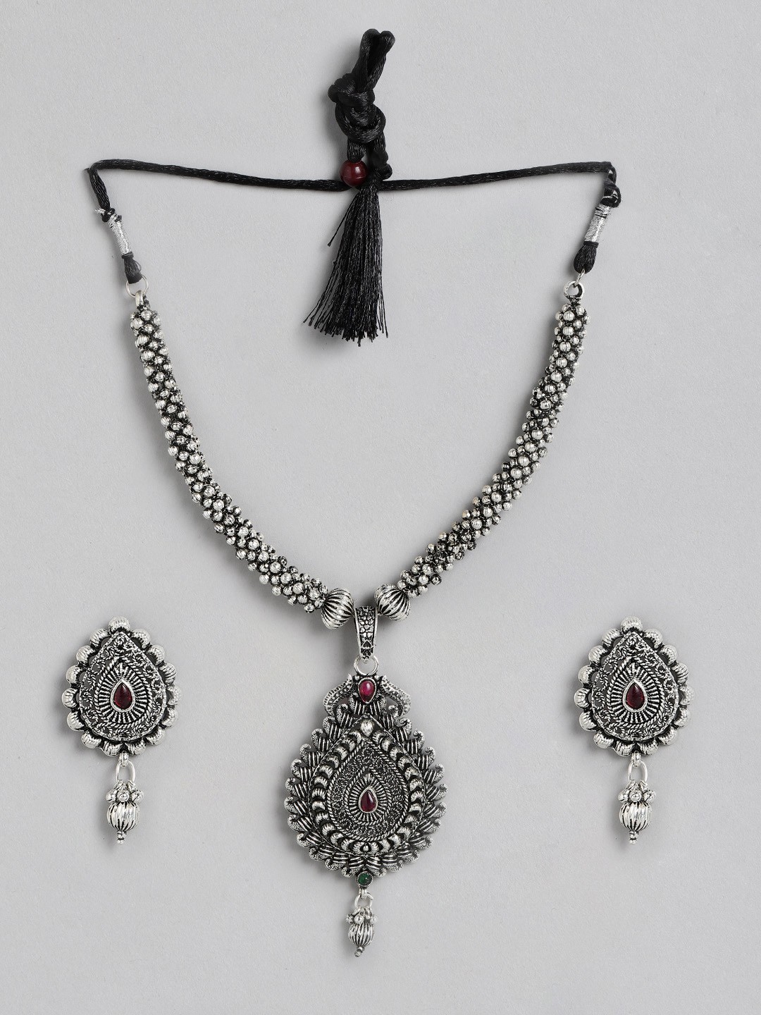 

Kord Store Oxidised Silver-Toned & Black Stone-Studded Beaded Jewellery Set