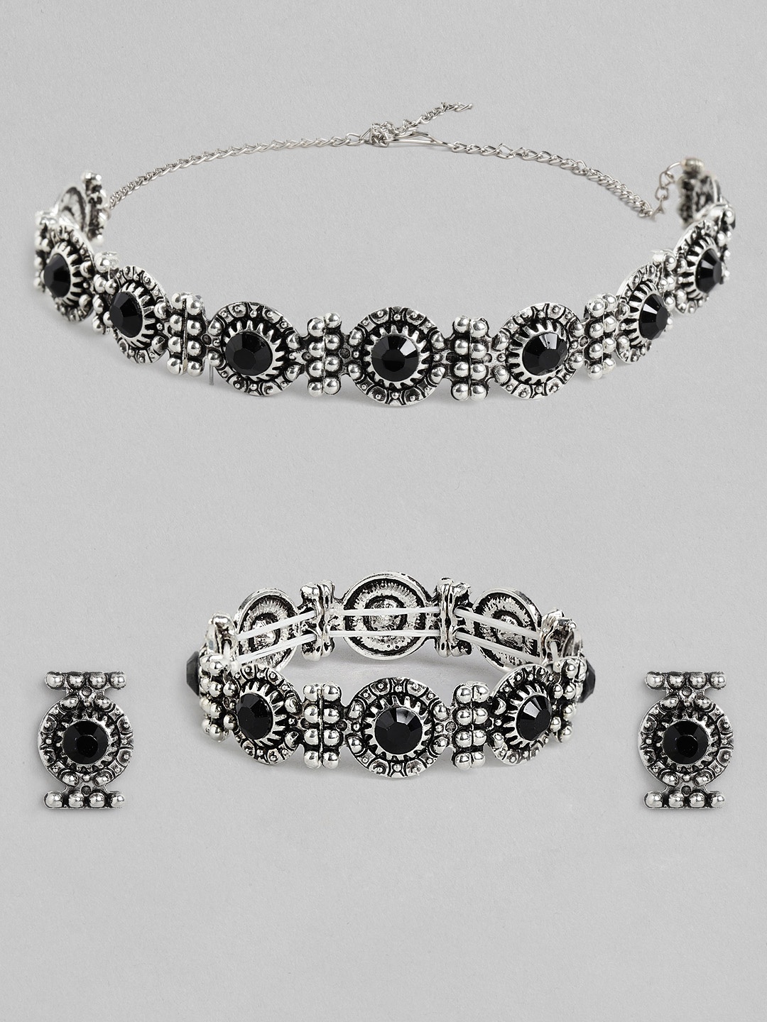 

Kord Store Silver-Toned & Black Oxidised Stone Studded Jewellery Set