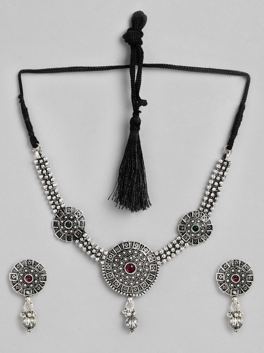 

Kord Store Woman Black & Pink Oxidised Plated Round Shaped Choker Necklace Set