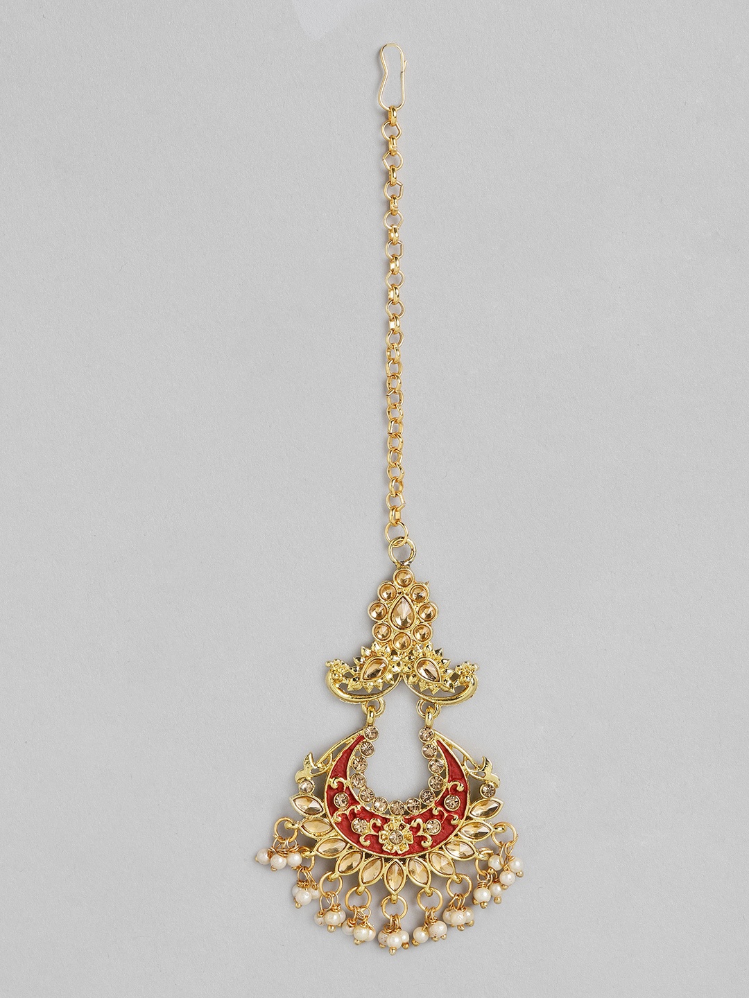 

Kord Store Gold-Plated & Maroon LCD Stone Chandilier Maangtikka