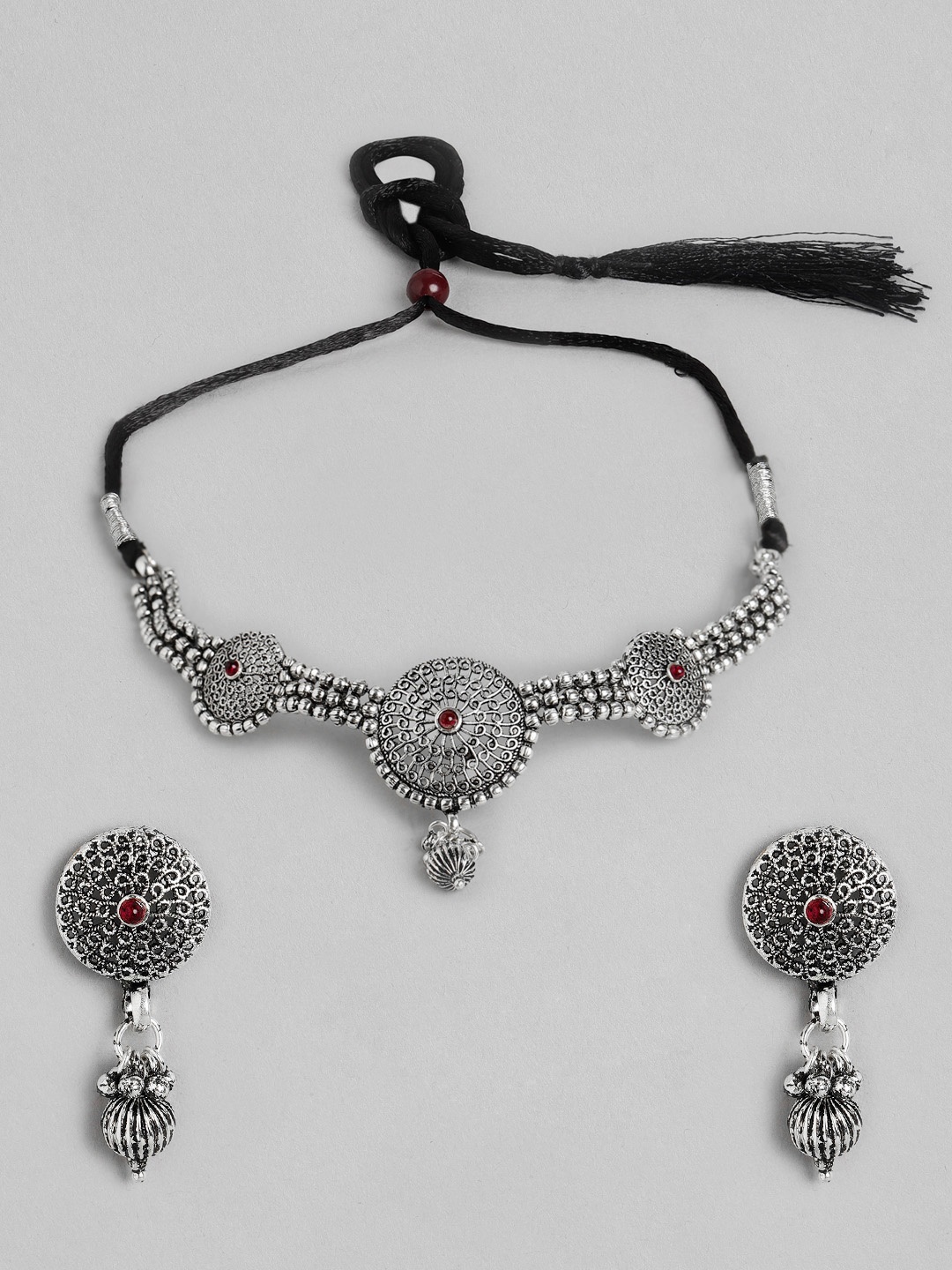 Kord Store Women Black & Silver-Toned Oxidised Stone Studded Jewellery Set