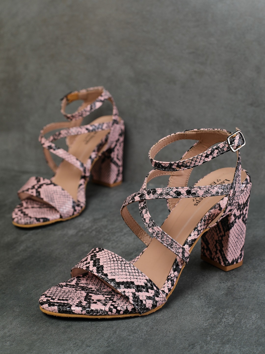 

LONDON STEPS Pink Printed Block Sandals with Buckles