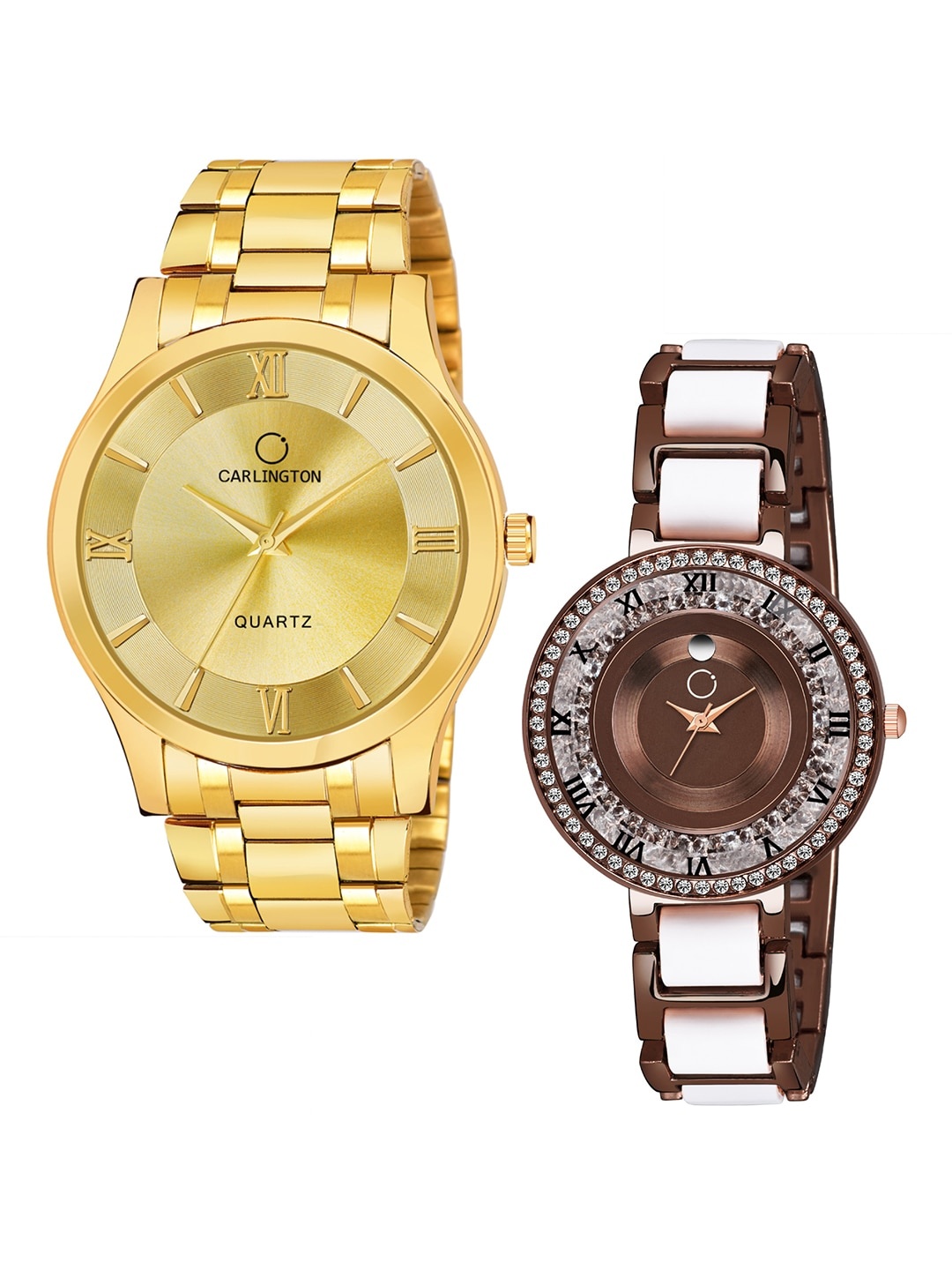 

CARLINGTON Unisex Set of 2 Analogue Watch - Combo CT-6130GG and Mova BrownWhite, Gold